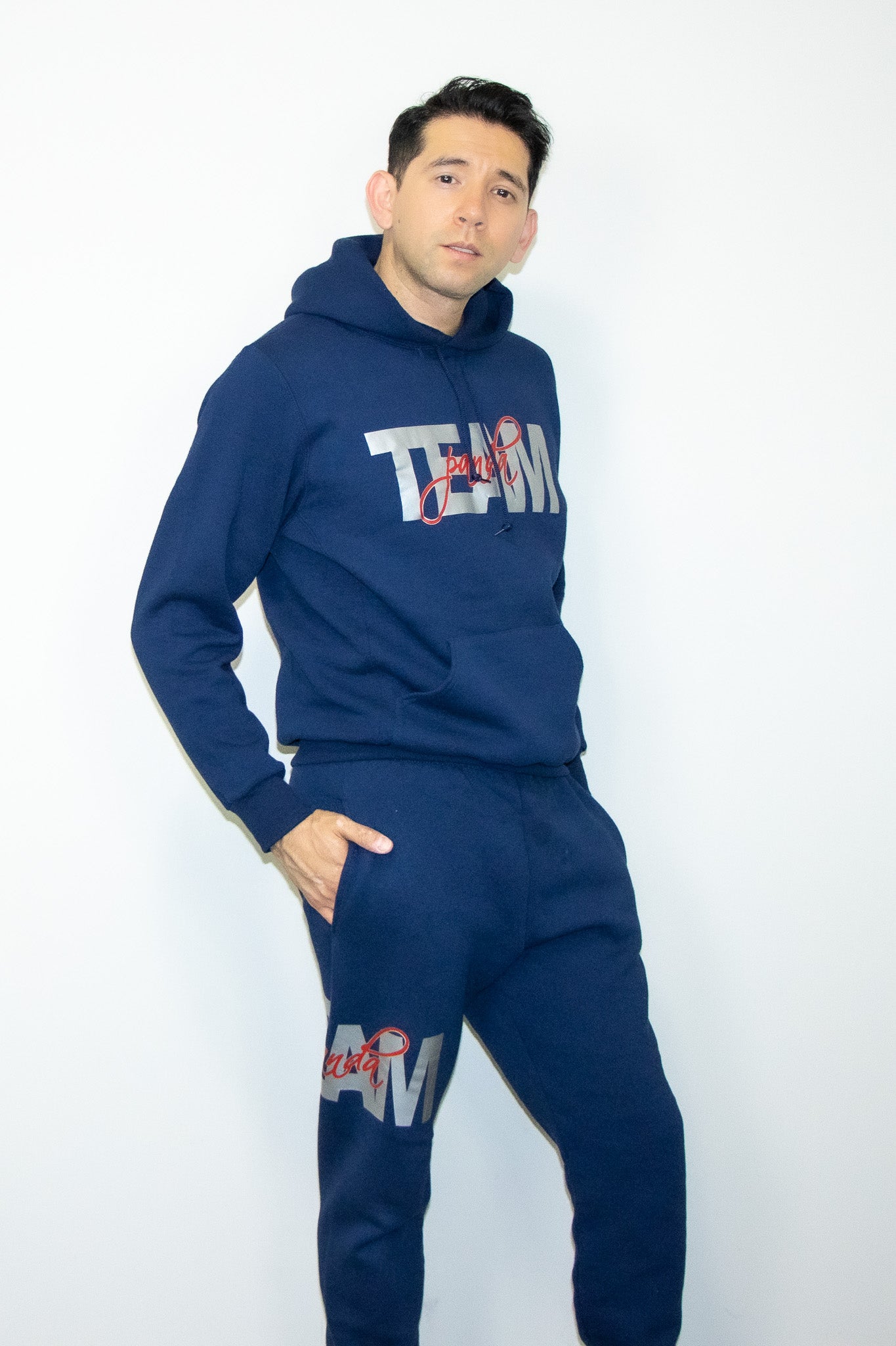 Silver Grey and Red Team Panda Hoodie (Navy Blue)