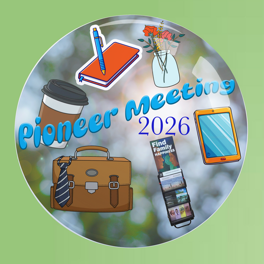 Circular badge with 'Pioneer Meeting 2026' design on a green background
