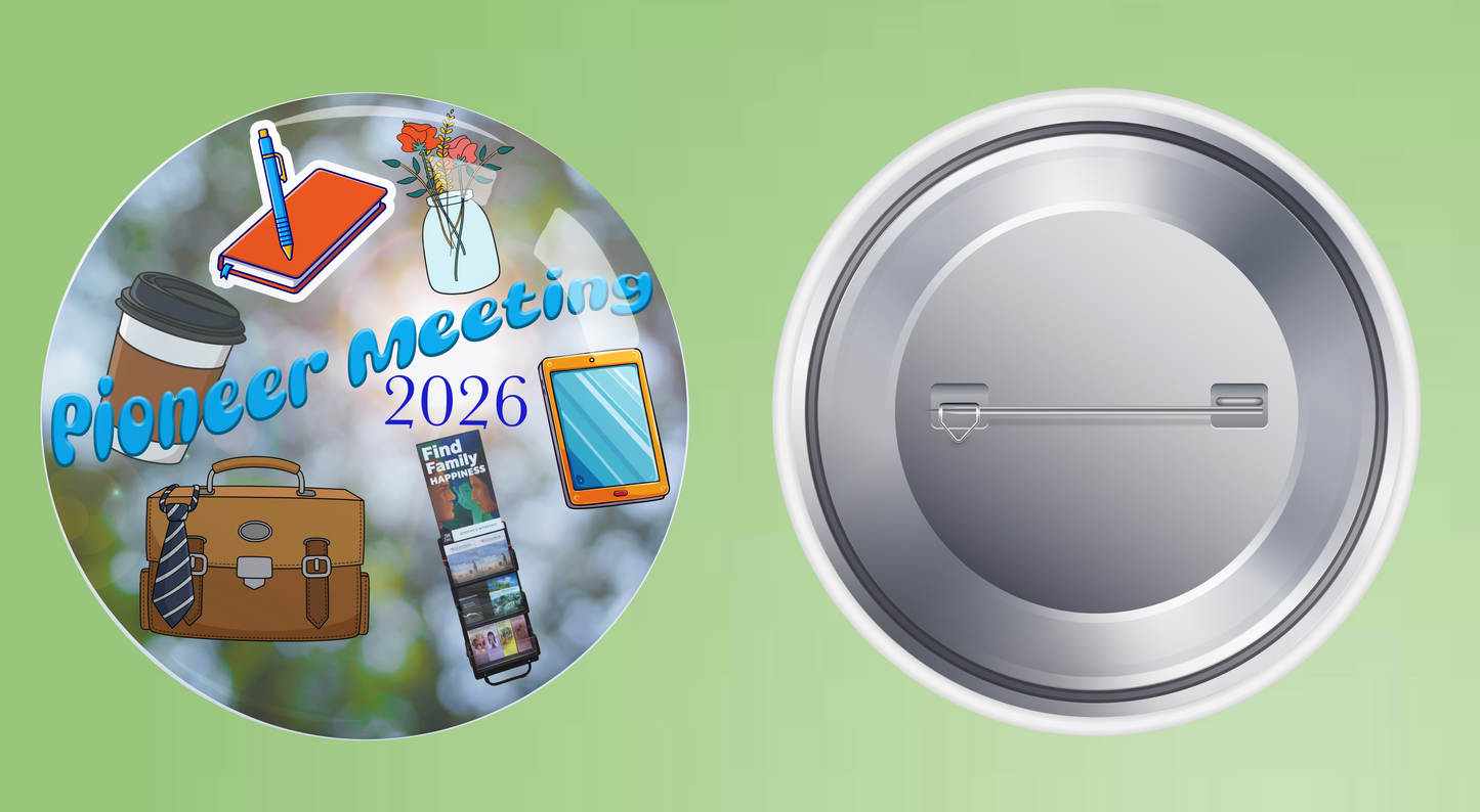 Circular badge with 'Pioneer Meeting 2026' design on a green background