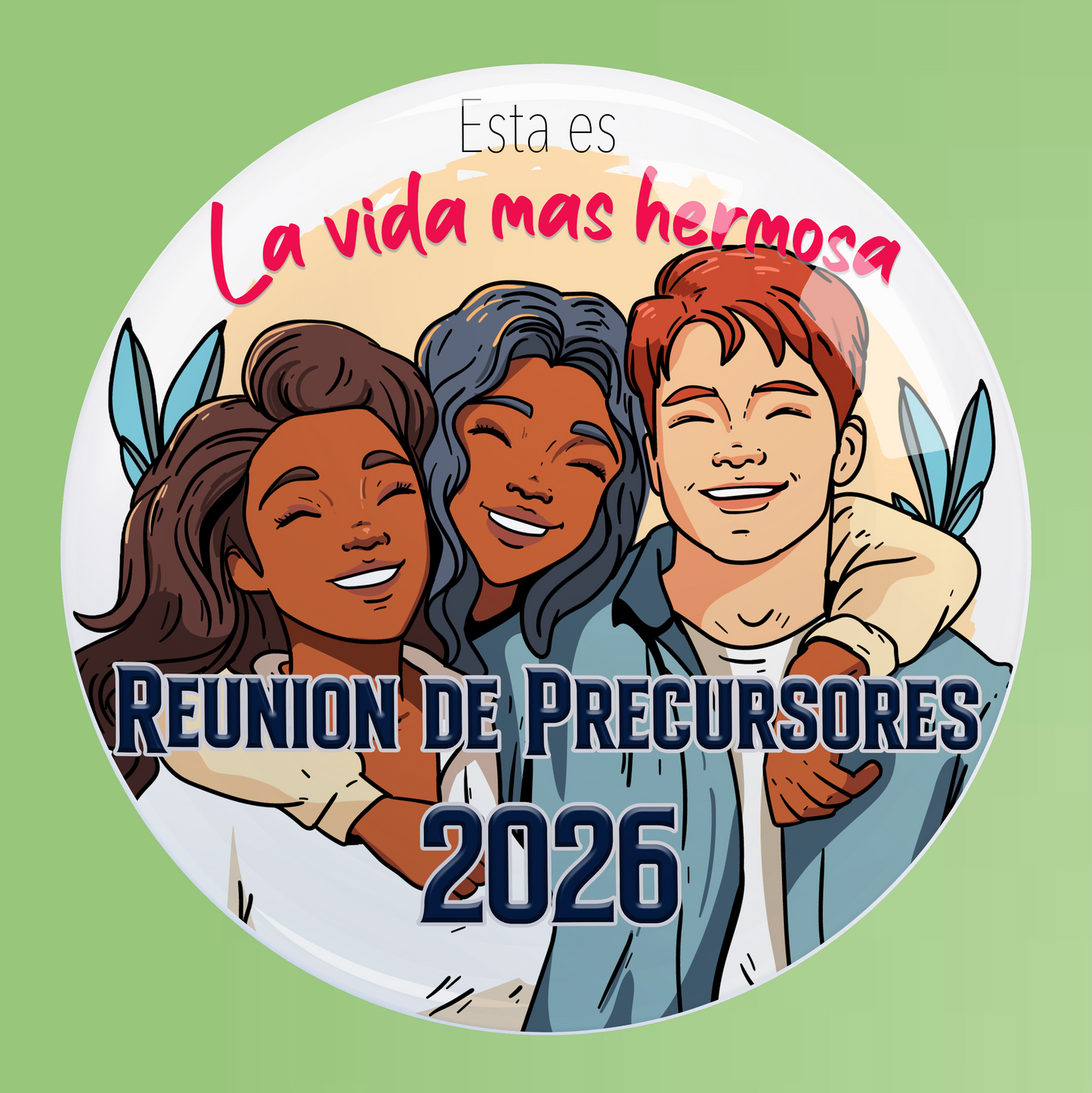 Button badge with illustration of three people and text on a green background