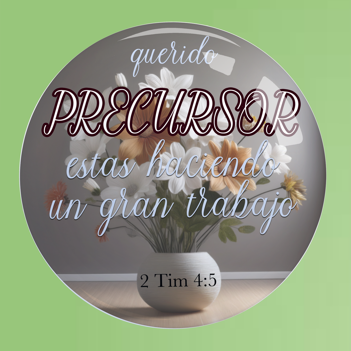 Round button with floral design and text on a green background