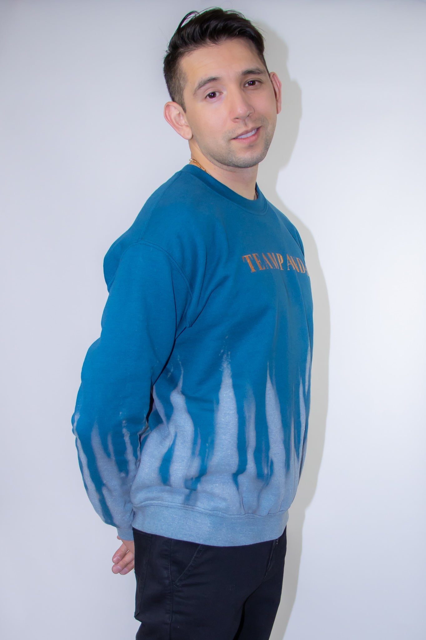 Crew Neck Sweater with Golden Logo (Bleached Turquoise)