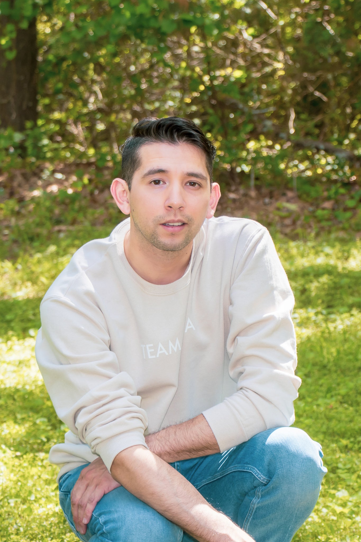 Crew Neck Sweater with Pop-Out Logo (Light Tan)